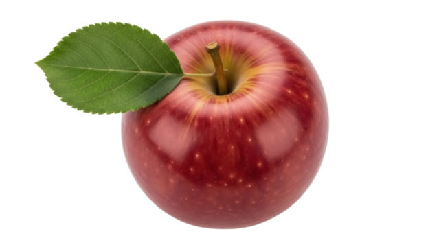 Fresh red apple with green leaf isolated PNG, healthy fruit for diet and nutrition on transparent background