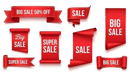 Collection of realistic red ribbon banners and tags with promotional text like big sale, super sale, and sale 50% off, isolated on white background