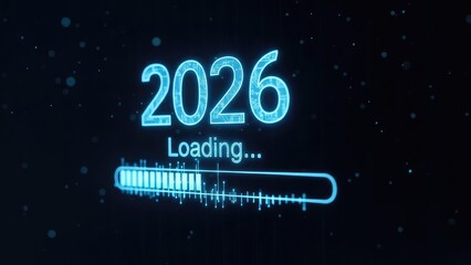 2026 Loading Progress Bar on Dark Background with Glowing Blue Text.