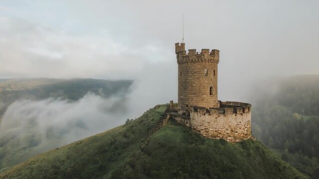 Approaching drone revealing round stone tower with curtain wall on grassy cone, fog lifting, path