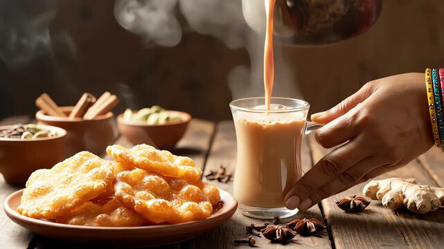Indian Masala Chai or Spice Tea Poured Slowly with Gujarati Dahitra Sweet, a Traditional Herbal Tea Ceremony and Sweet Treat.