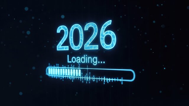 2026 Loading Progress Bar on Dark Background with Glowing Blue Text. - Powered by Adobe