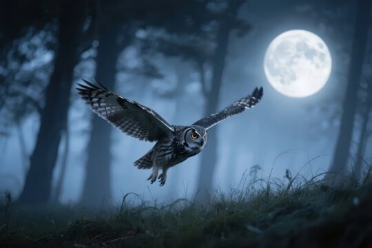 Owl flying through a misty forest at night under a full moon