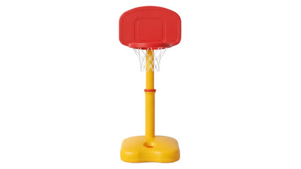 Red and yellow toy basketball hoop isolated PNG, portable basketball system for kids on transparent background © Hugo