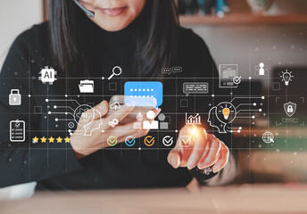 Businesswoman using smartphone with headset and futuristic AI interface icons, symbolizing digital transformation, customer service innovation, chatbot interaction, and remote support technology