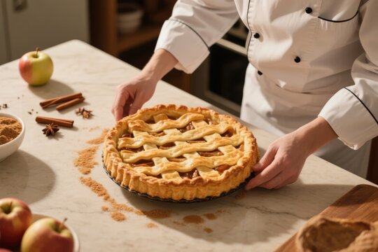 Chef presenting a freshly baked lattice-top apple pie on a kitchen counter with ingredients nearby - Powered by Adobe