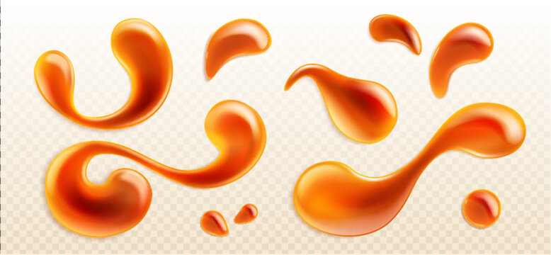 Caramel syrup drips set isolated on transparent background. Vector realistic illustration of sweet liquid toffee splash, peanut butter or maple sauce stains, 3d candy drops, honey topping for dessert