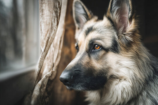 Dog looking out of window with curtains framing its face during a quiet afternoon Generative AI