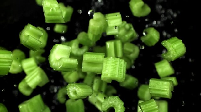 Sliced pieces of celery rise and fall on a black background. Filmed on a high-speed camera at 1000 fps. High quality FullHD footage