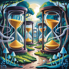 Surreal Time Journey Hourglasses in Enchanted Forest