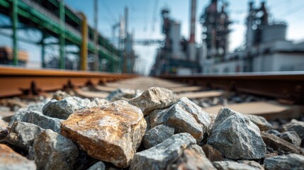 Close Up View of Gravel on Railroad Tracks with Industrial Structures in the Blurred Background