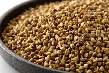 Close Up View of Brown Buckwheat Grains in a Black Pan with Warm Lighting