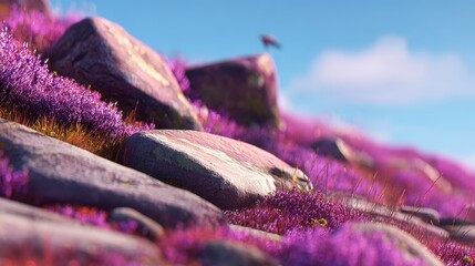 Close Up View of Purple Flowers and Grey Rocks on a Hillside Under Blue Sky
