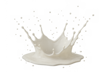 Milk splash creating a crown shape with droplets, white dairy liquid splashing on transparent background