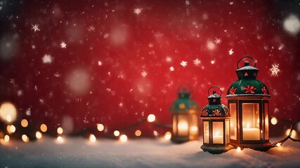 Red Christmas background with vintage lanterns on snow, falling snowflakes and bokeh lights, copy space. - Powered by Adobe