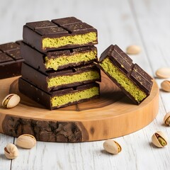 Stacked Dubai chocolate bars placed on wooden base with rustic wood table background