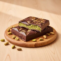 Stacked Dubai chocolate bars on wooden base on a table with elegant presentation