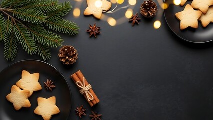 Festive christmas baking star cookies pine branches and warm lights on dark background
