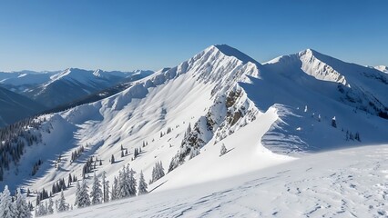 Majestic snow covered mountain peaks under a clear blue sky on a sunny winter day