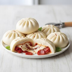 Pepperoni pizza bao buns are served split open with melted filling on a white plate