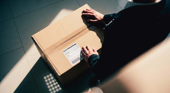 A delivery person handles a cardboard box, symbolizing fast and efficient services.