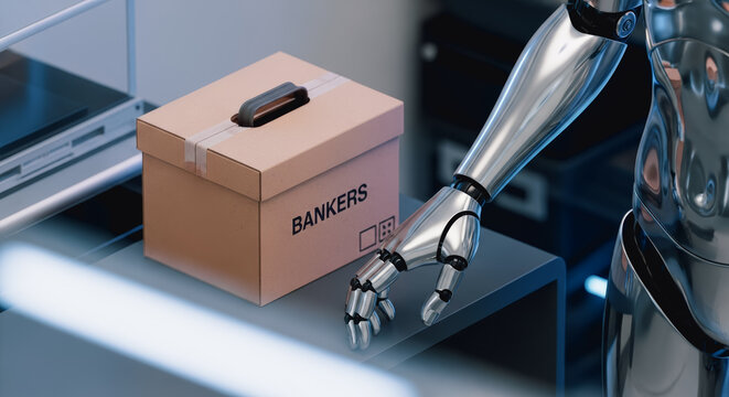 A robot arm gracefully rests on the edge of a sturdy cardboard box labeled Bankers, illustrating the fusion of technology and financial sectors.