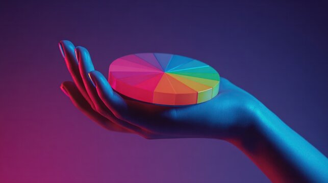 Hand holding colorful 3D pie chart, financial portfolio allocation and market share analysis concept