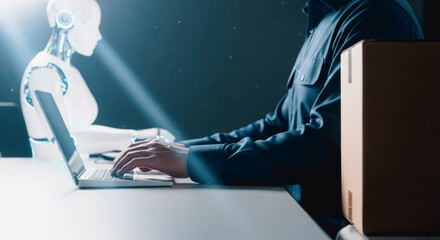 An AI working alongside a Human Hacker in a dimly lit setting, representing digital fraud and cyber security risk with a cardboard box present.