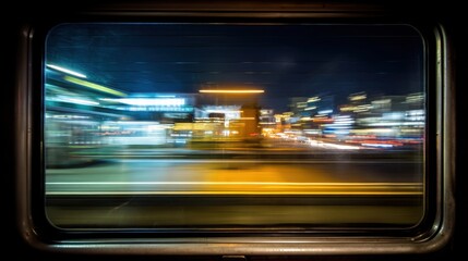 Obraz premium Blurred Night Cityscape Viewed Through Window with Speed Lines and Golden Lights