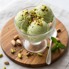 Pistachio ice cream is placed in a glass creating a soft smooth dessert appearance