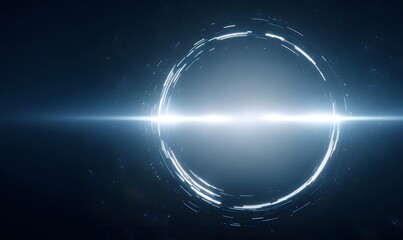 A large circular portal forming in the darkness, glowing with blue and white light. Soft atmospheric glow