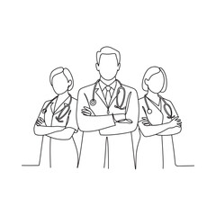 Group of doctors standing with arms crossed line art