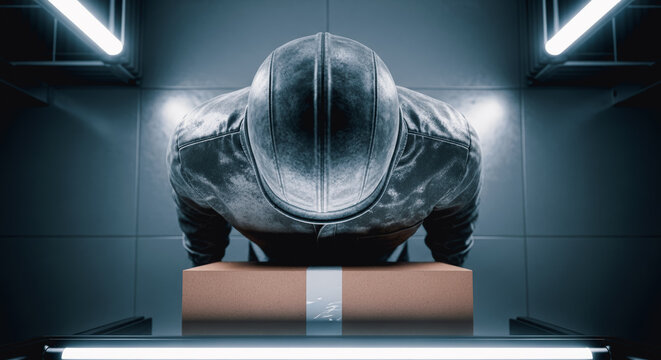 An enigmatic figure, clad in a futuristic suit, performs a push-up over a nondescript parcel in a sleek, dimly lit environment, hinting at strength and discipline.  - Powered by Adobe