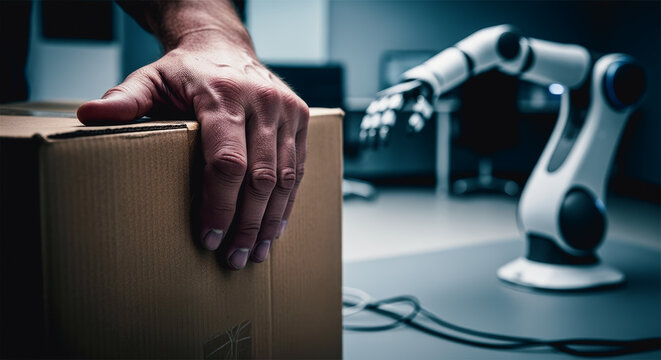 A human hand interacts with a cardboard box alongside a robotic arm, highlighting automation and the merging of human and machine in a modern industrial setting. 