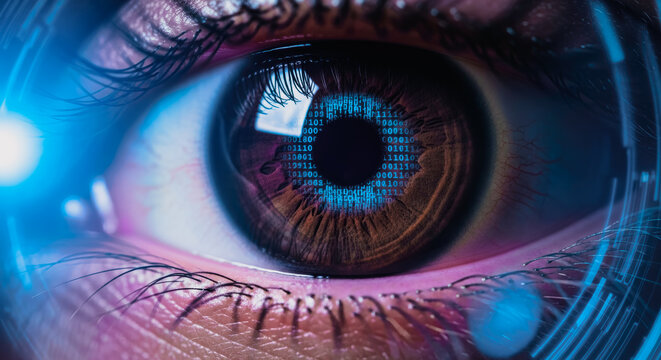 A mesmerizing macro shot of a human eye with intricate details and a digital overlay, representing vision and perception.