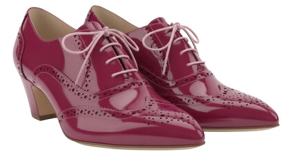 Elegant burgundy patent leather heeled oxford shoes isolated PNG, stylish footwear with pink laces on transparent background