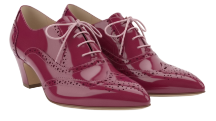 Elegant burgundy patent leather heeled oxford shoes isolated PNG, stylish footwear with pink laces on transparent background