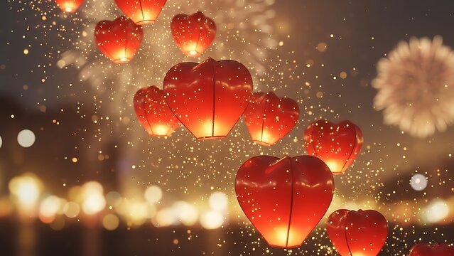 Floating sky lanterns ascend during a festive celebration at night - Powered by Adobe