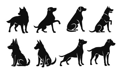 Silhouette set of various dog breeds in dynamic poses, clean black shapes on white background. Dog silhouettes, dog set, animal icons, pet shapes, dog collection