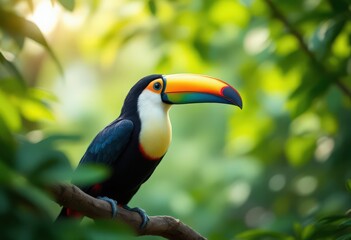 Naklejka premium Colorful toucan perched on branch in lush tropical forest 