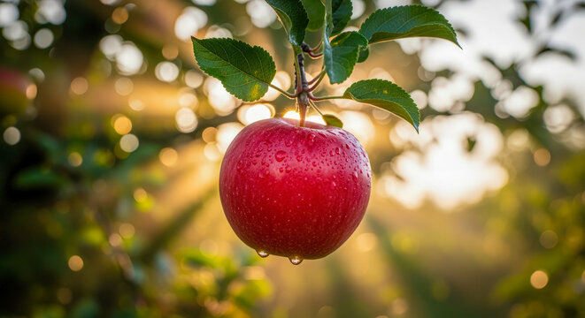 Fresh Red Apple with Water Droplets Hanging on Tree Branch in Golden Sunlight.