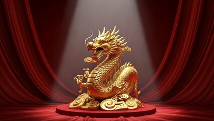 Fototapeta premium Golden dragon statue on red velvet stage with spotlight illumination