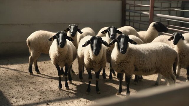 Flock of Sheep Standing in Sunlit Farm Pen Looking Toward Camera


