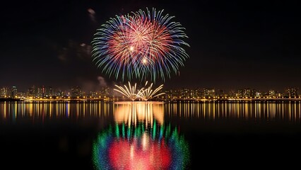 Vibrant fireworks display over water reflecting in the dark night sky