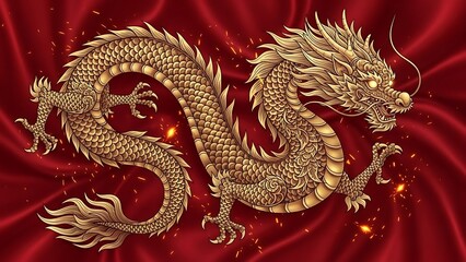 Fototapeta premium Golden chinese dragon on red silk fabric symbol of power and good fortune