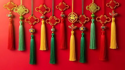 Festive chinese knots tassels decorations for lunar new year celebration on red