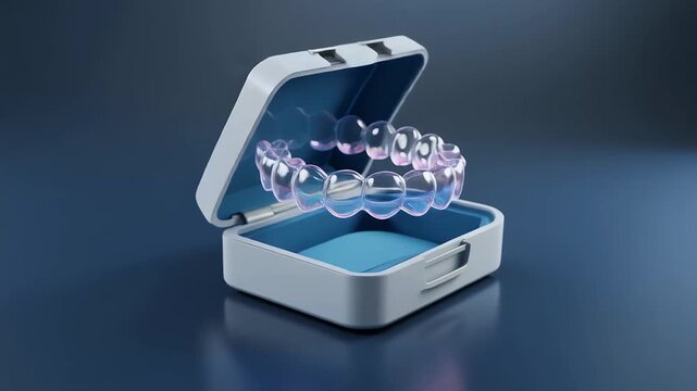 Clear Dental Aligner Floating Above Blue Orthodontic Case 3D Illustration of Invisible Braces Storage

