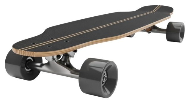 Black longboard skateboard isolated PNG on transparent background, cruising board for recreation and transportation