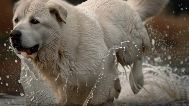 A large white Alabai dog splashes through shallow water while running outdoors in a calm natural setting.