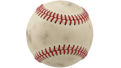 Used baseball PNG isolated on transparent background, worn sports equipment with red stitching for game day and athletic design